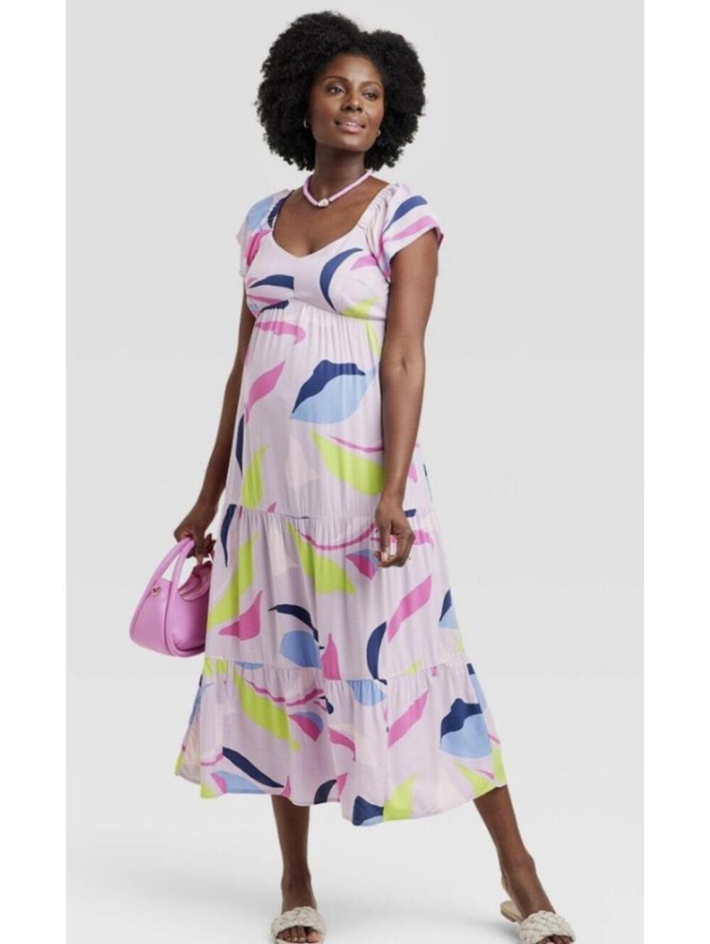 Ingrid & Isabel Maternity Multicolor Printed Tiered Midi Flutter Dress - XL